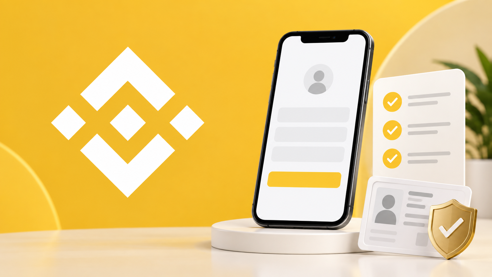 Binance logo beside a phone registration screen and identity checklist