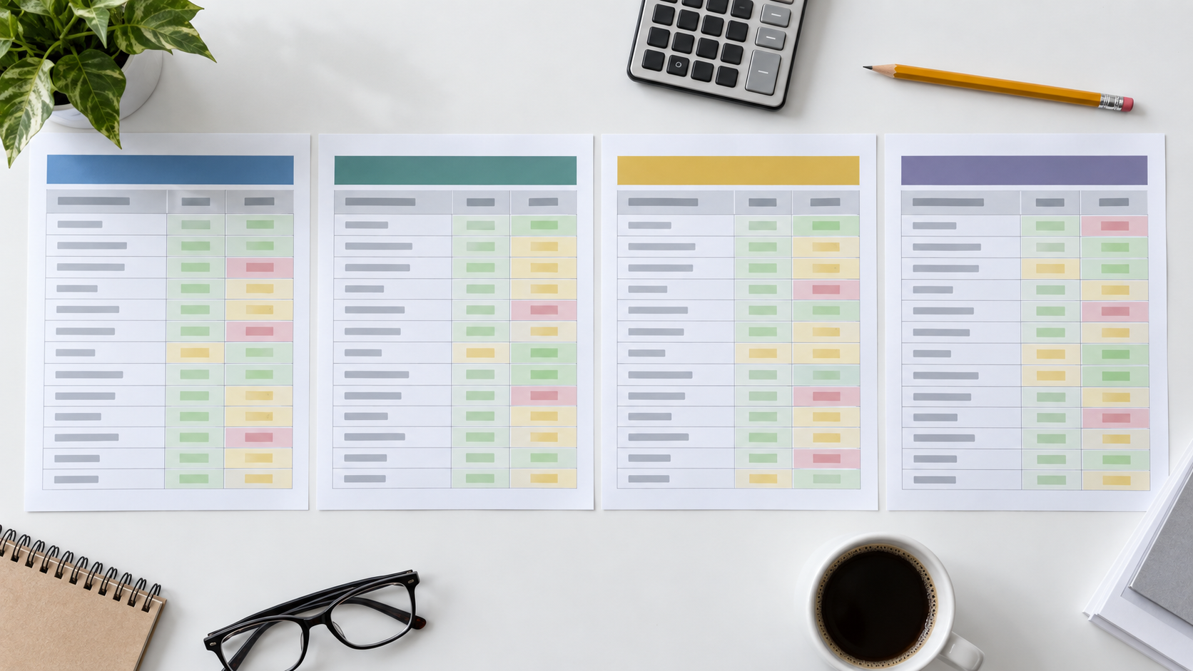 Four fee schedules laid out side by side for comparison