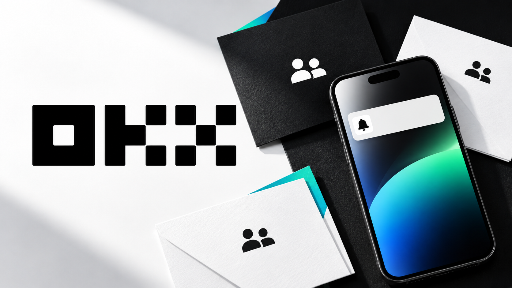 OKX logo with invitation cards and a phone notification